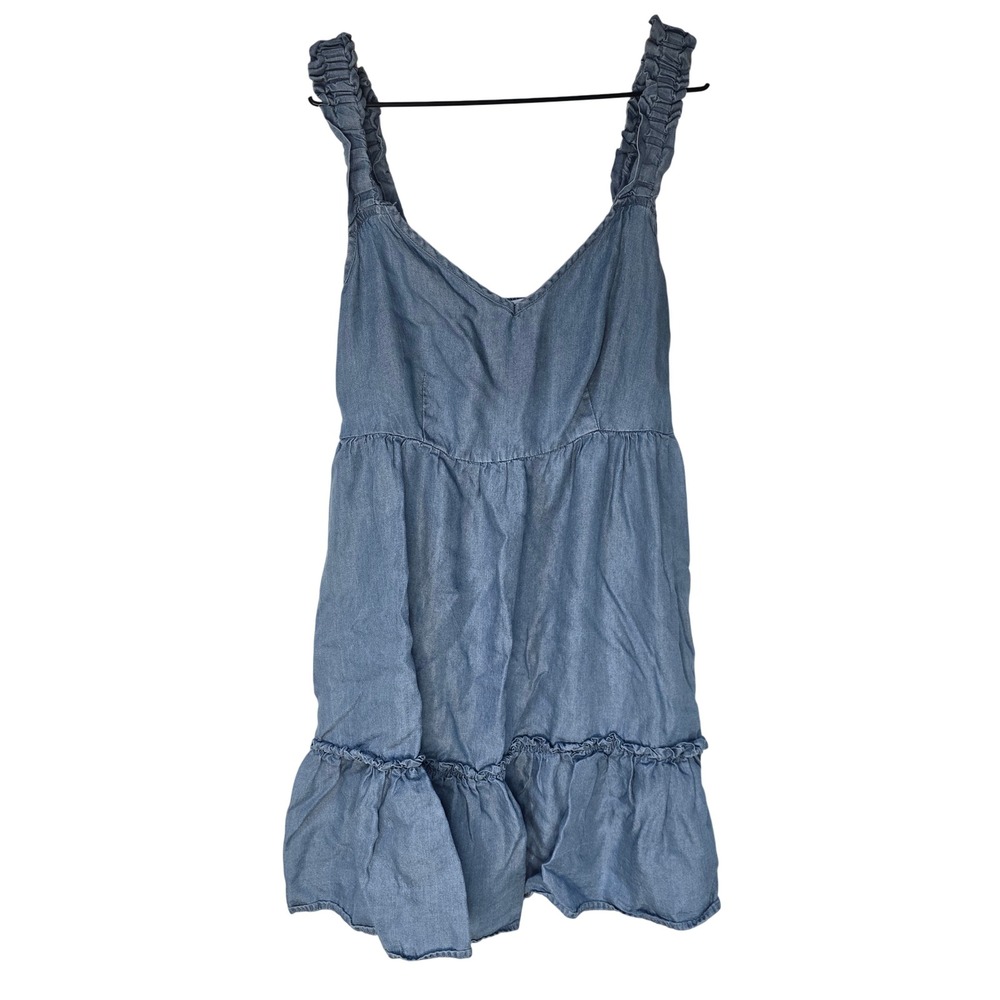 Altar'd State Chambray Tiered Dress Womens Medium Blue Lyocell Boho Ruffle Mini